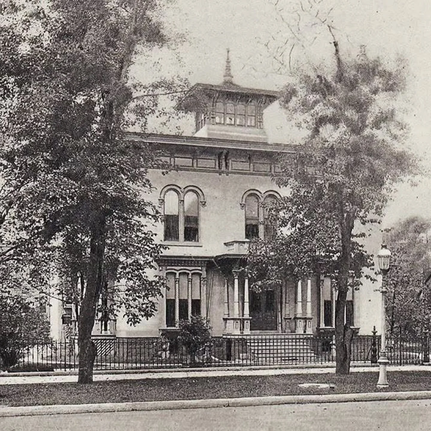On October 28, 1892, Mayor Carter H. Harrison was shot by an assassin in the main hall of his home, shown here, at the southwest corner of Ashland and Jackson boulevards. He died approximately twenty minutes later, a result of the hemorrhaging from f