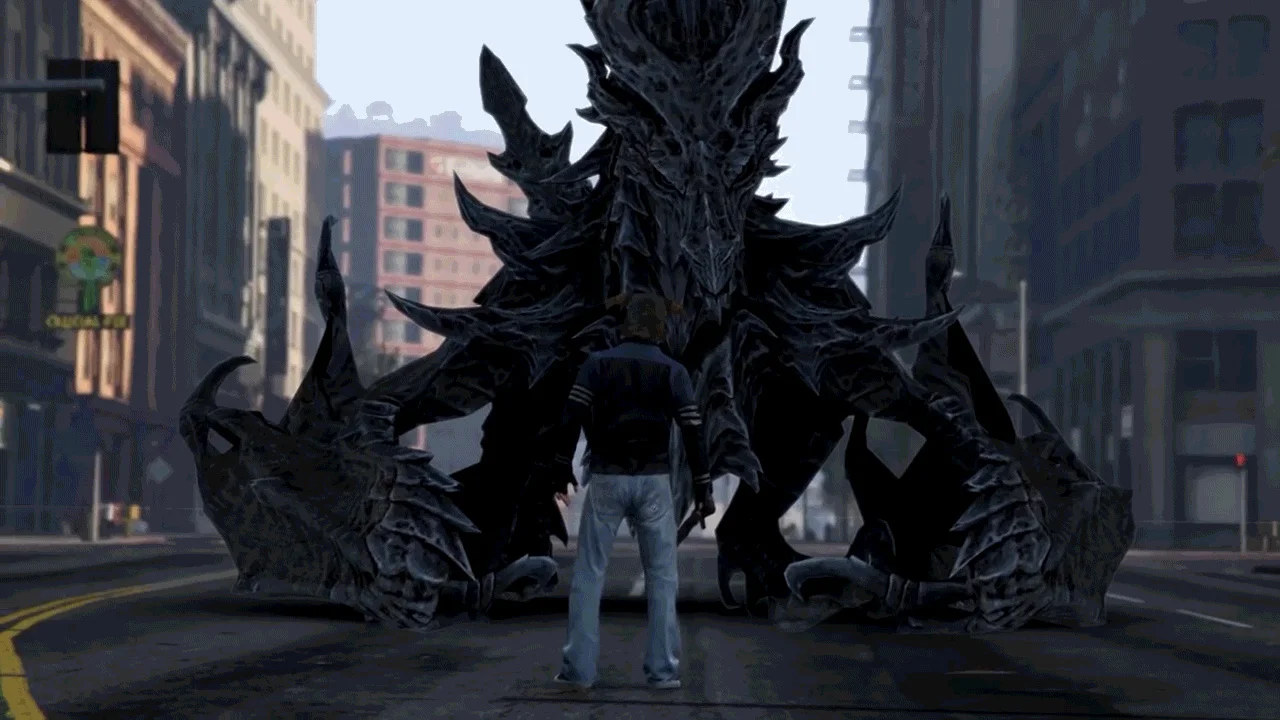 A SKYRIM Dragon Causes Panic in The Streets of GRAND THEFT AUTO V