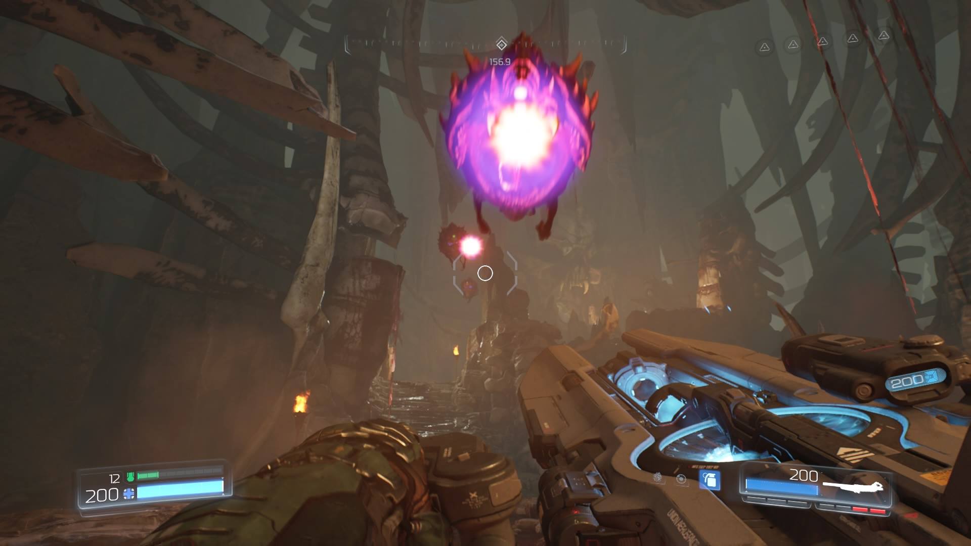 Another clueless cacodemon brings a fireball to a Gauss Cannon fight.