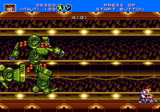 Absolutely stunning sprite work can be seen in this intense boss battle in Gunstar Heroes. 