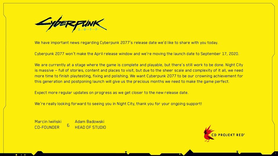 2020 Strikes With Another High Profile Delay! CYBERPUNK 2077 Pushed Back To September