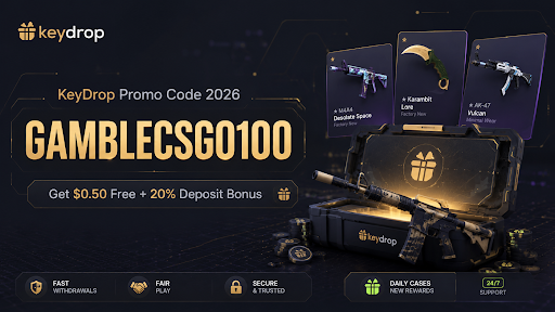 KeyDrop Promo Code 2026: "GAMBLECSGO100" to Get $0.50 Free + 20% Deposit Bonus