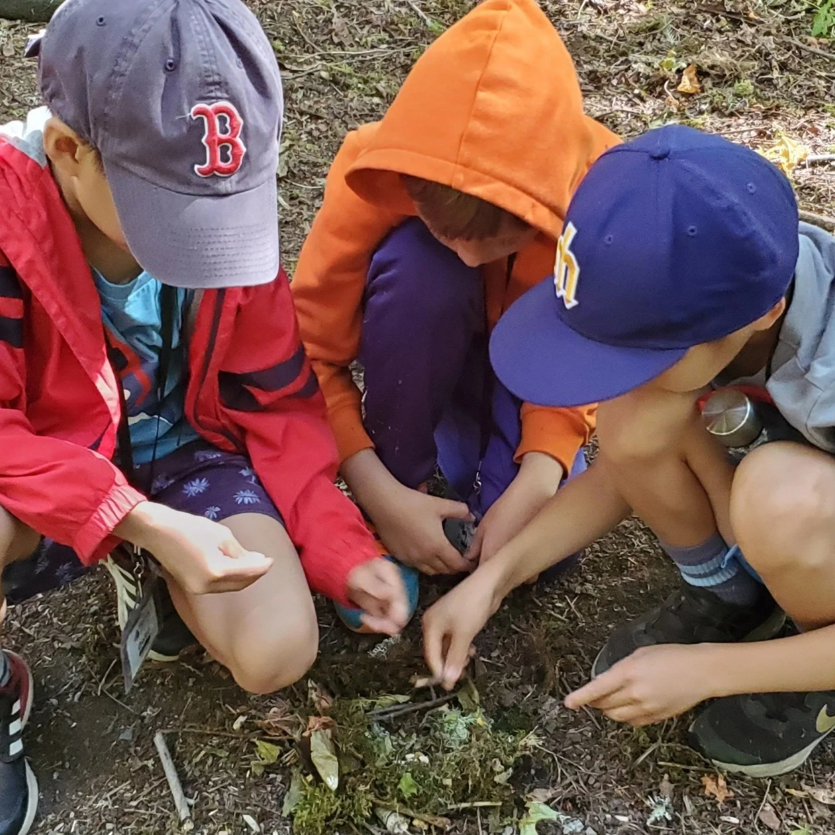 Three children connect with nature and practice their creativity and teamwork by creating a tiny gnome home together made of leaves, sticks, and fir cones.