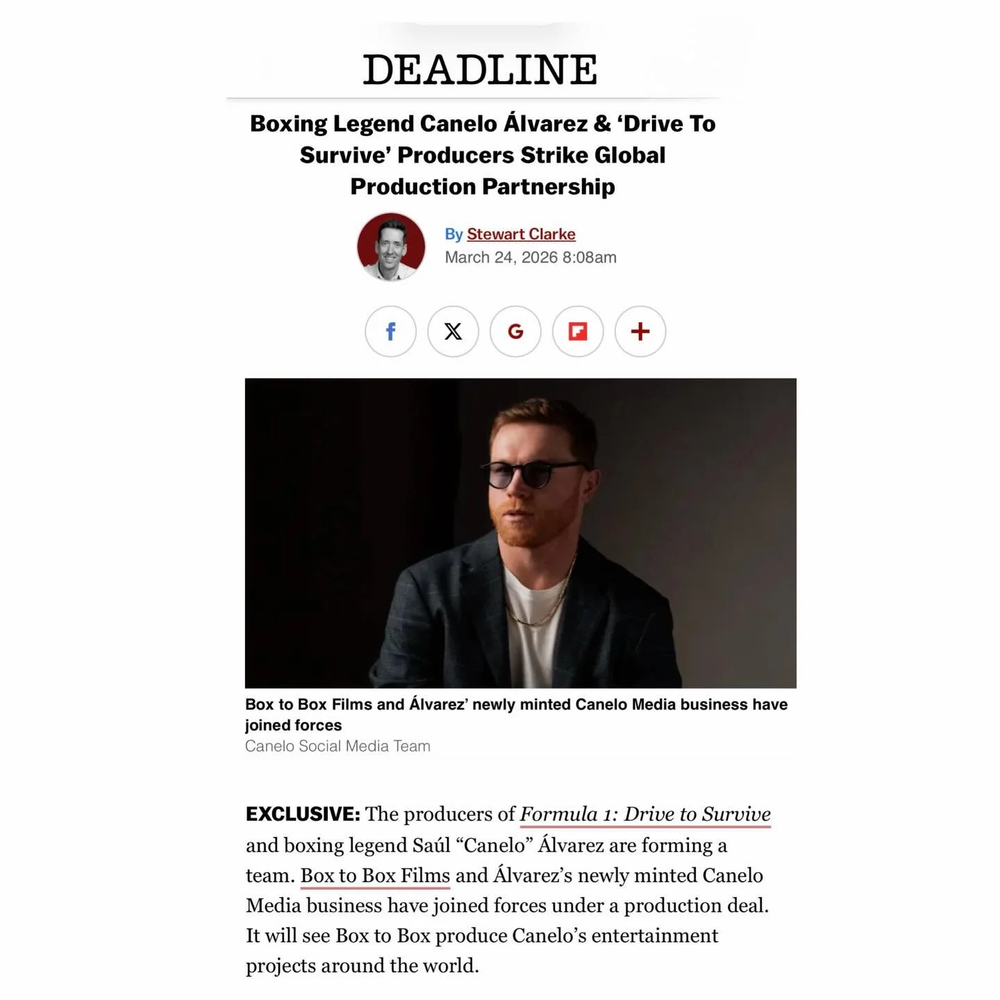Canelo Media x Box to Box.
Global production partnership.
Thank you to Deadline for the exclusive.
@boxtoboxfilms @canelo @deadline 🎞️