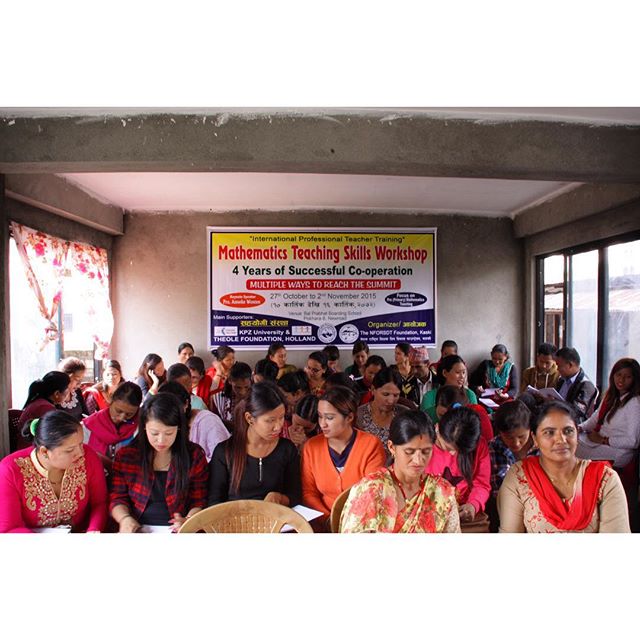 Teachers working in groups at the 4th annual Mathematics Teaching Skills Workshop in Pokhara, Nepal.

The teacher workshop was organized in cooperation with Karma Flights, the Theole Foundation, and the NFORSDT Foundation to promote enhanced mathemat