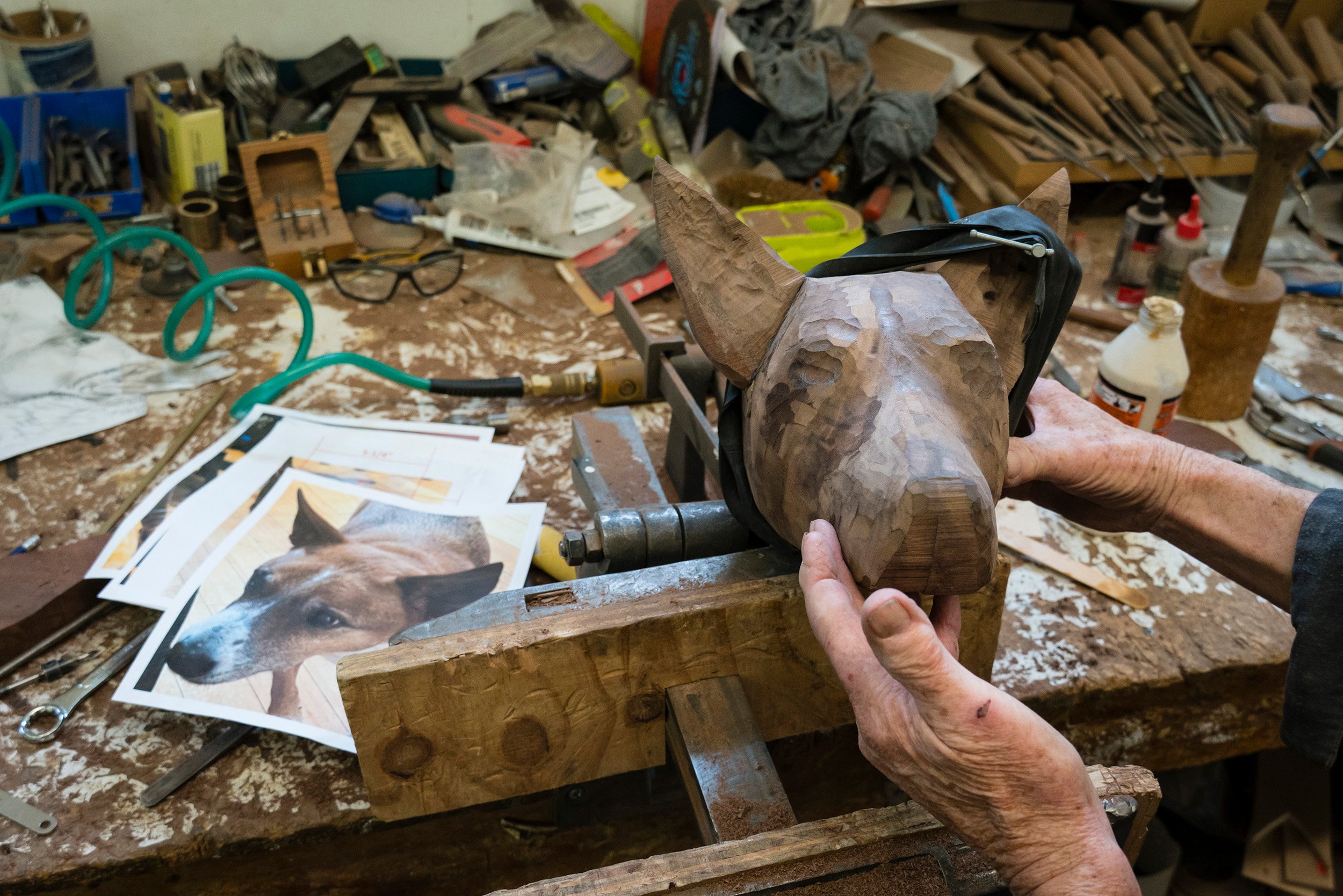 Walnut ears attached to the Doug dog portrait during final assembly