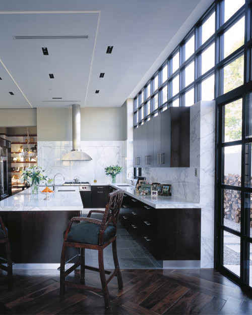 Our Hedgerow barstool installed in kitchen designed by Jamie Herzlinger