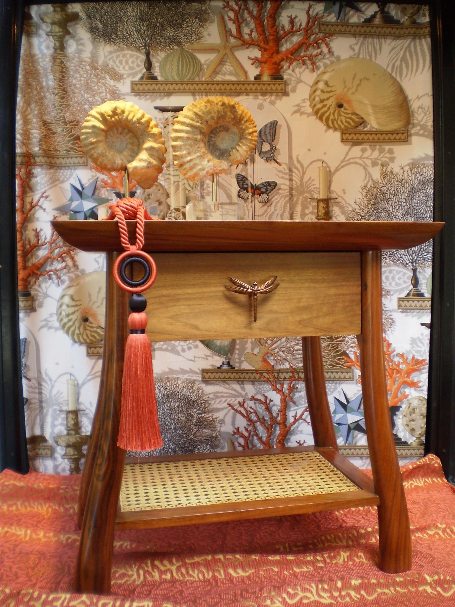 Mahogany nightstand outfitted with dragonfly drawer knob from Martin Pierce Hardware Los Angeles CA Egg&Dar t Denver Colorado