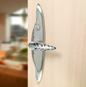Entry door lever style handle in brushed stainless steel finish by Martin Pierce Hardware Los Angeles CA Photo Doug Hill