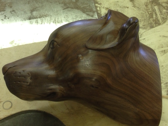 Wood sculpture of dog by Martin Pierce Hardwood Los Angeles CA 90016