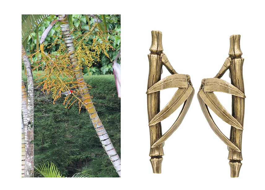 Golden Palm with resting Red Headed Cardinal Bamboo Cabinet Pull cast in bronze
