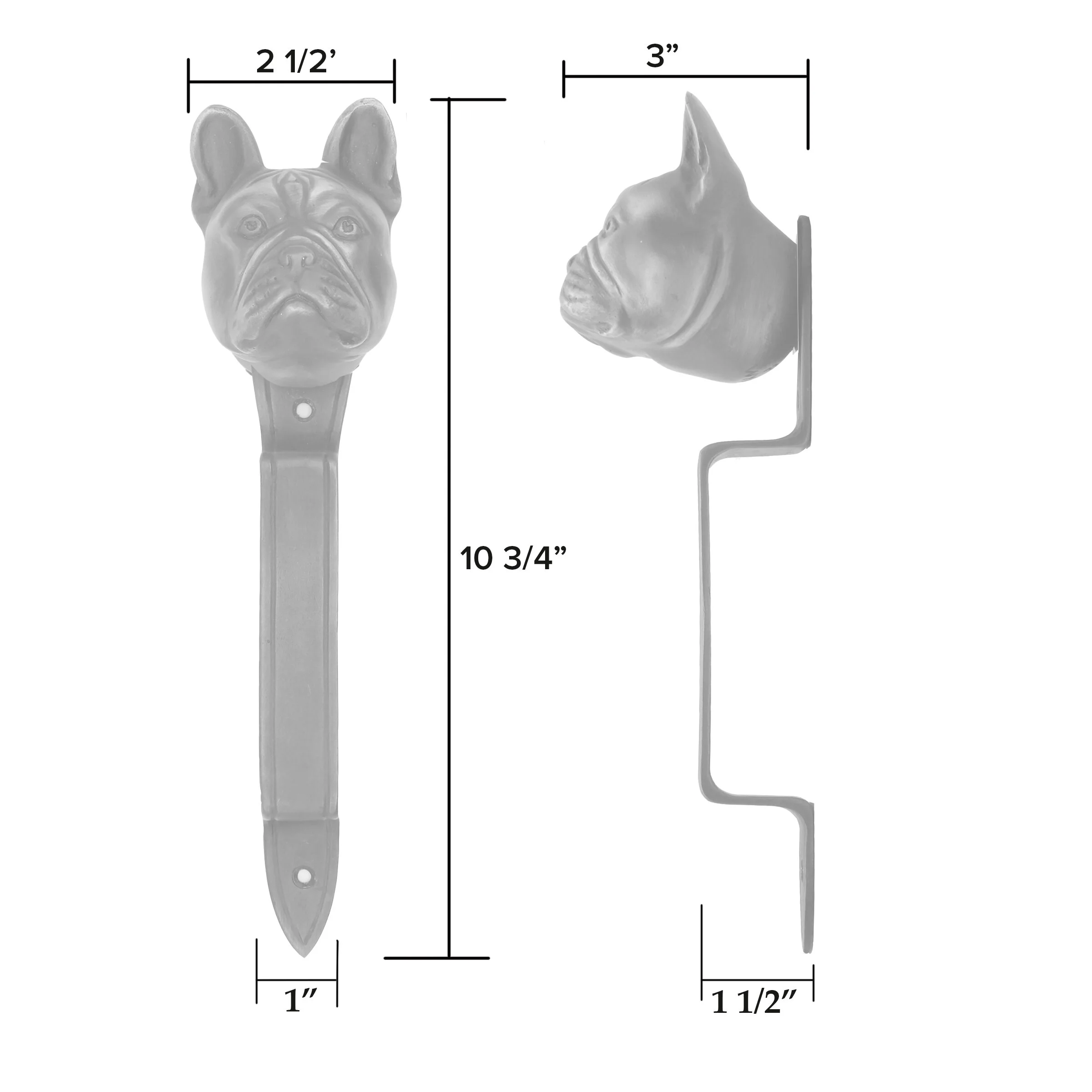 Diagram for installing French Bulldog door pull - side and front dimensions