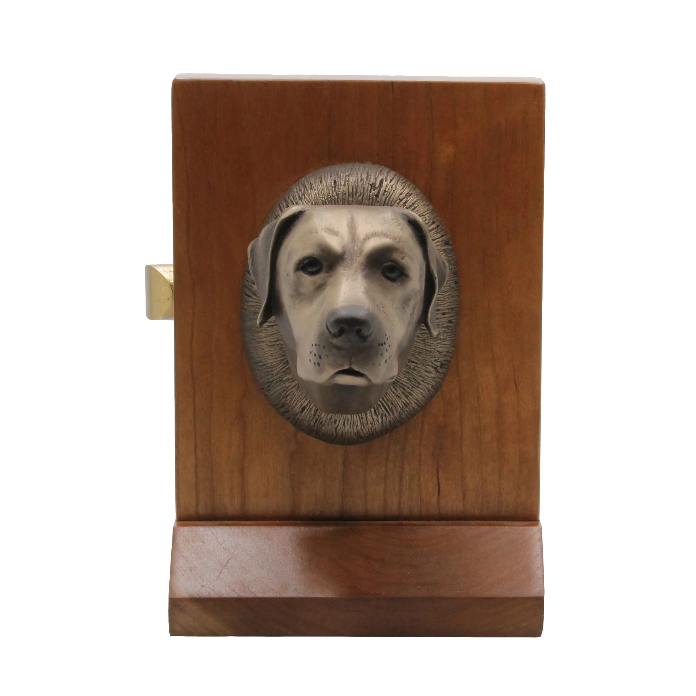 Front  view of bronze Labrador door knob on mock-up door – handcrafted canine hardware by Martin Pierce