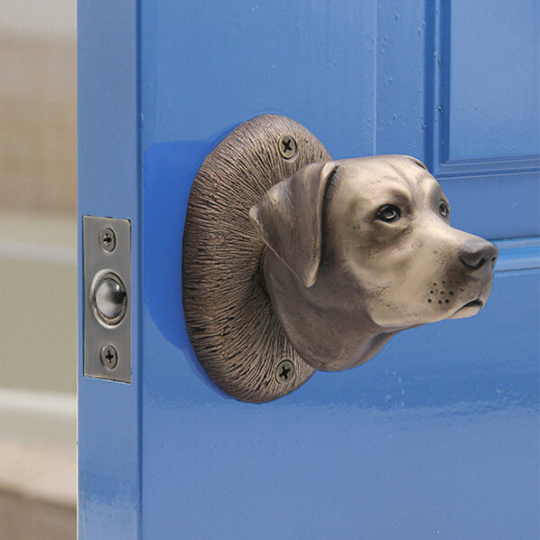 Bronze Labrador door knob mounted on dummy board – installation scale view by Martin Pierce