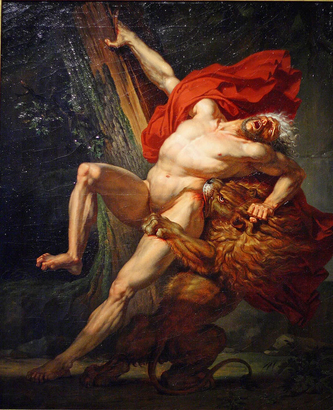 "MILO OF CROTON, ATTEMPTING TO TEST HIS STRENGTH, IS CAUGHT AND DEVOURED BY A LION," BY CHARLES MEYNIER. DON'T LET THIS HAPPEN TO YOU!