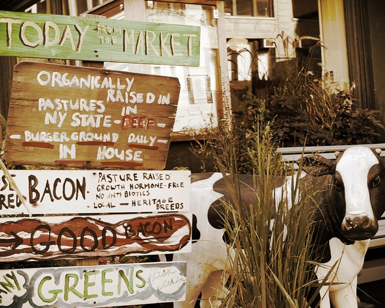A cow stands guard over hand painted signs at Bubby’s in Tribeca.