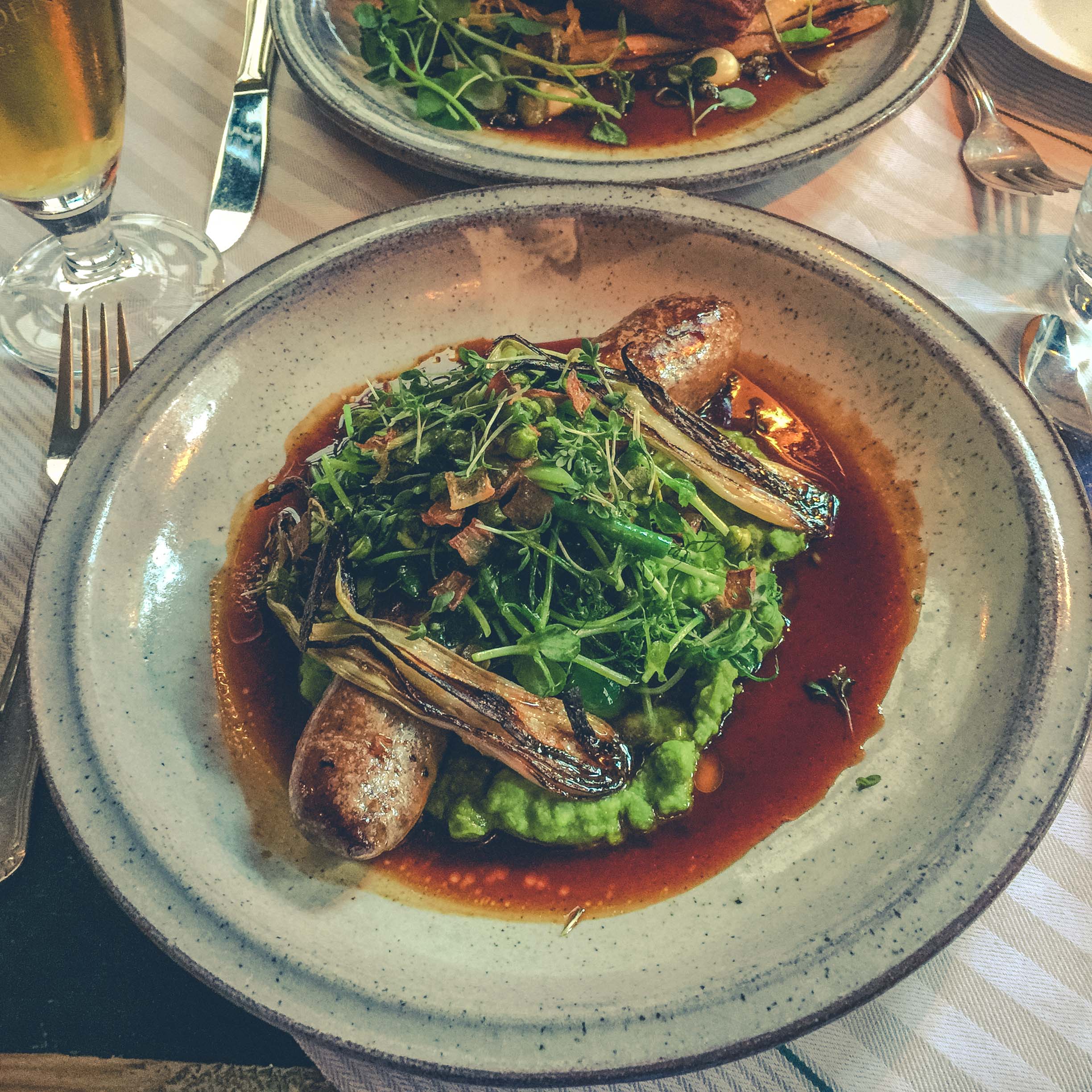 Reindeer Sausage and pea puree.