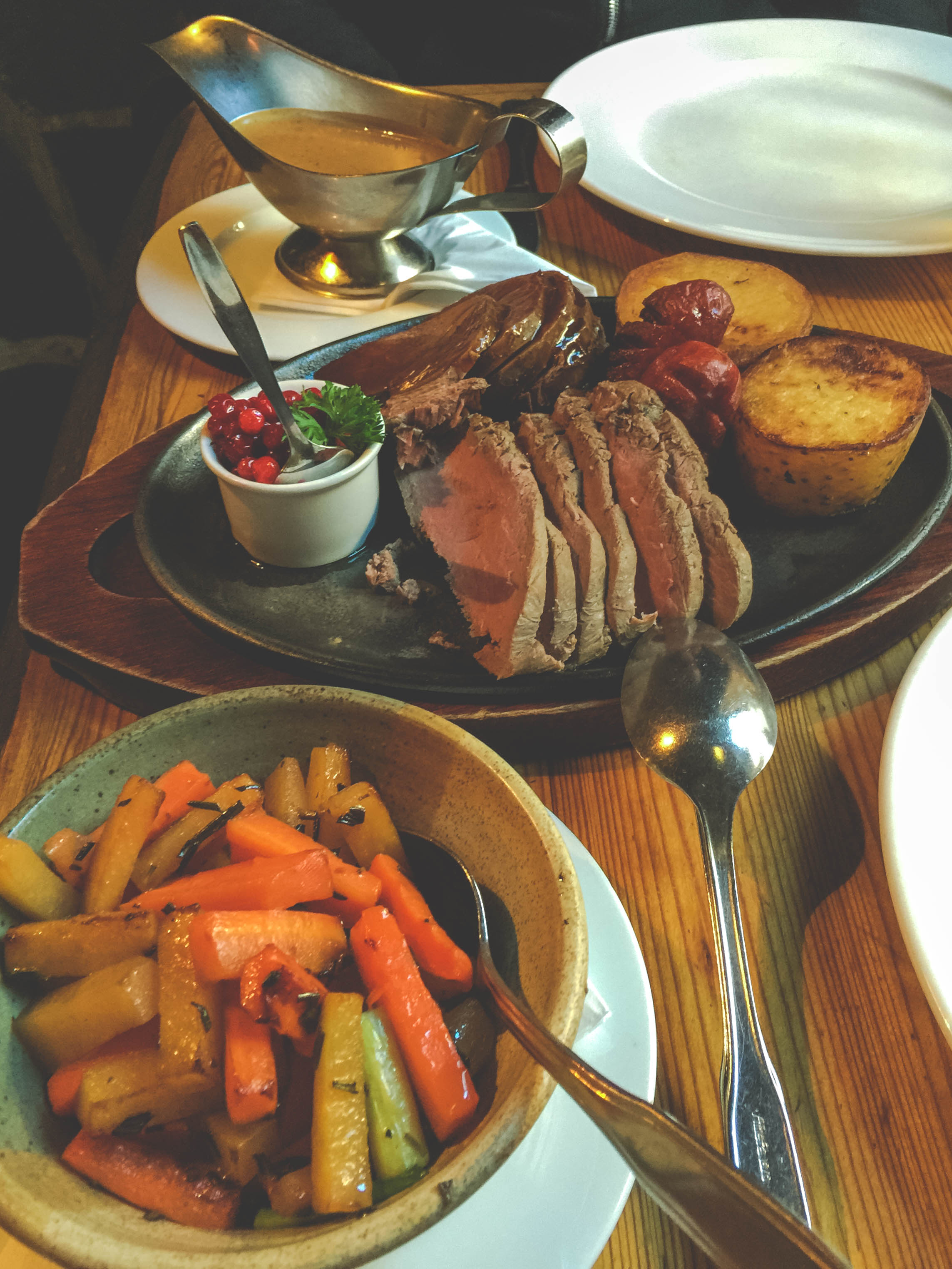 Elk steak, Reindeer sausage and roast reindeer with winter vegetables.