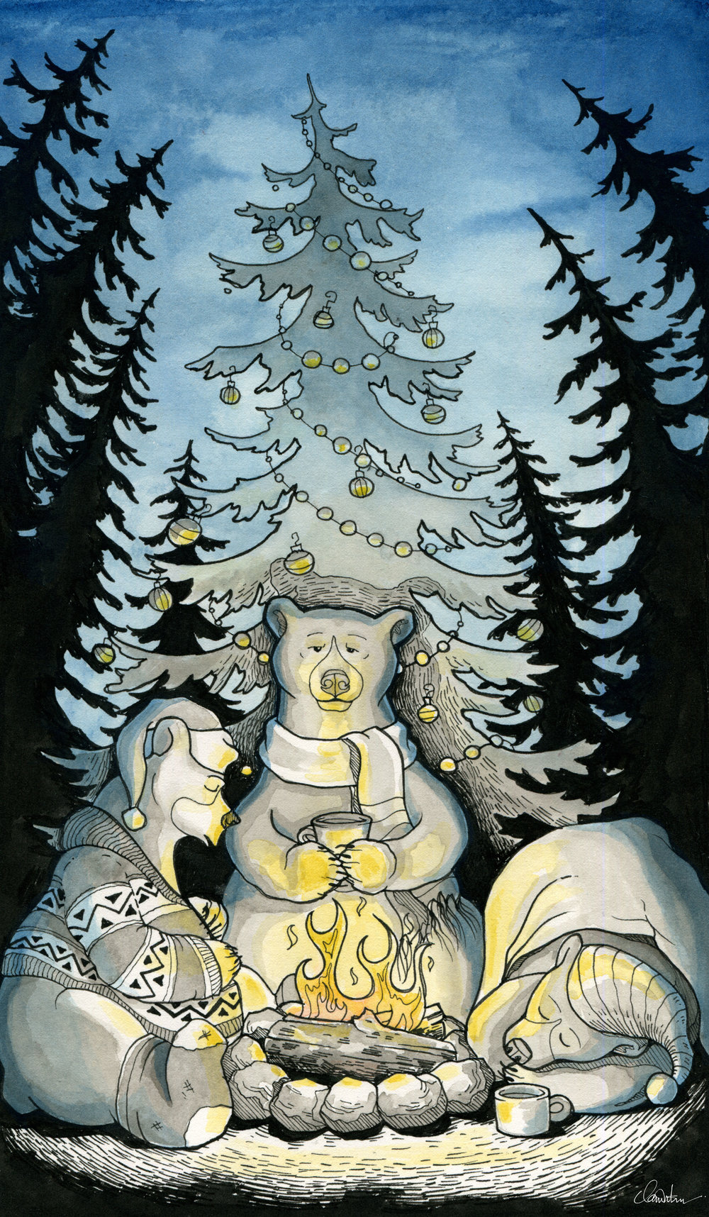 Bears Campfire Holiday Card // Illustration