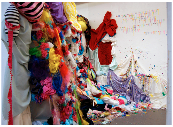   Millions of Crushes , 2008 Yarn, wire, fabric, glitter glue, stuffing Dimensions variable 