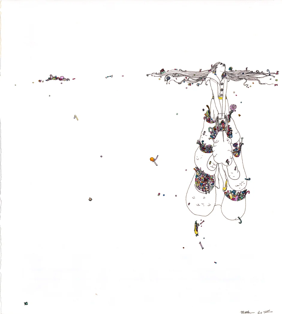 Candy Weighing Both of My Pockets Down, 2007 16 X 18 inches Gouache, pen, and glitter glue on paper