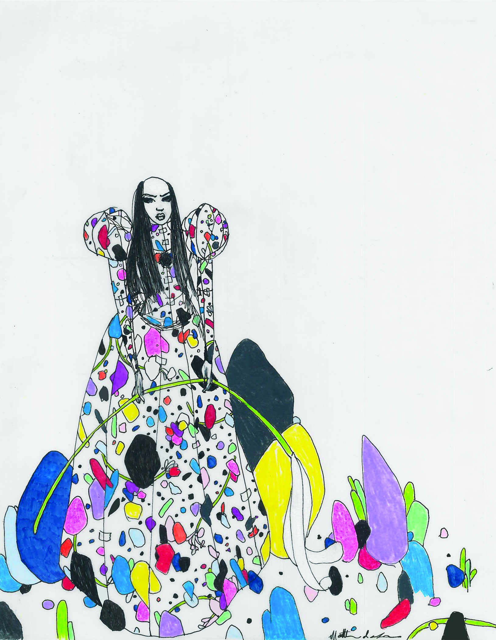   Untitled Wearing Paper Drawing Rubble Dress  2018 Pen, marker, and color pencil on vellum 11 x 14 inches 