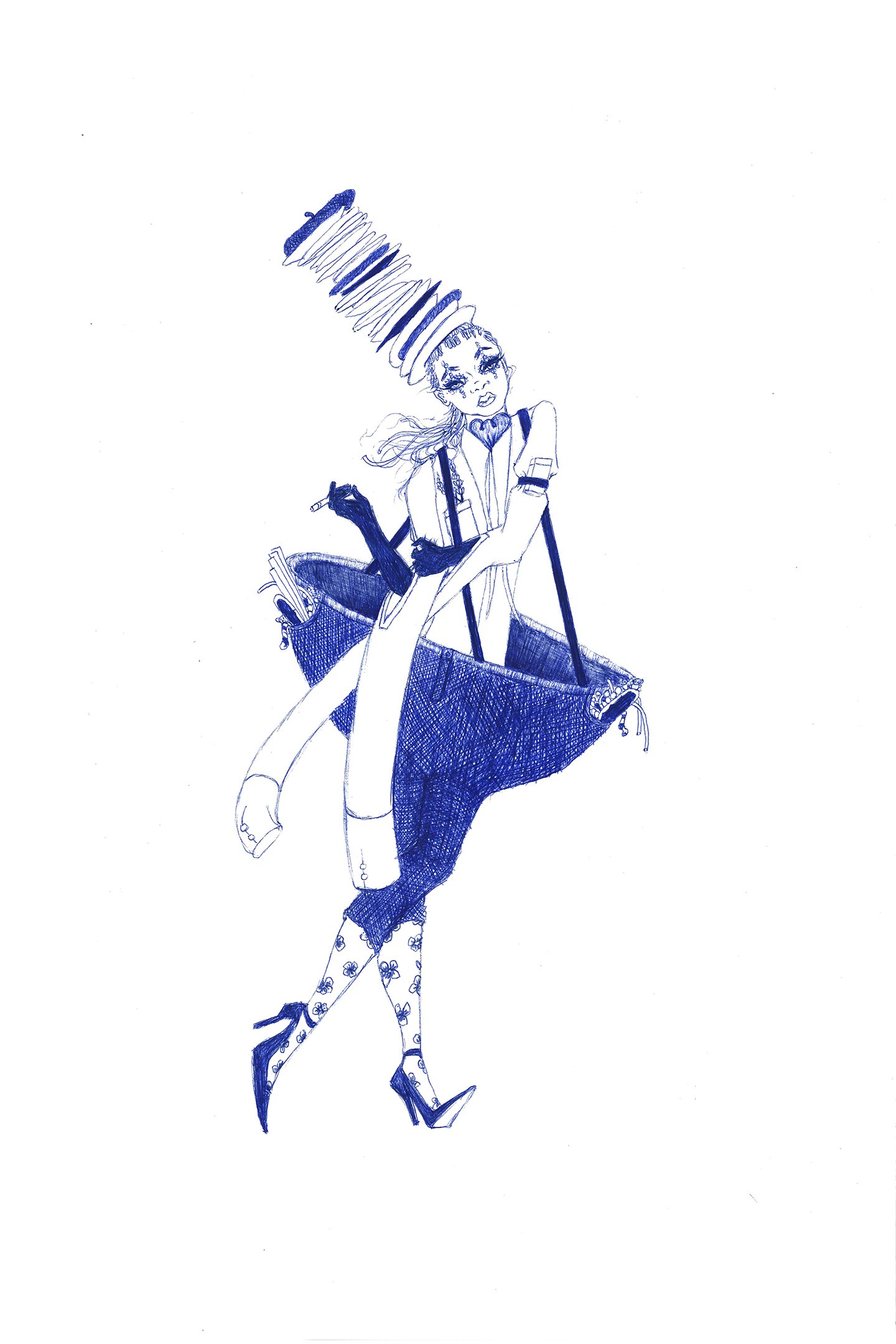  Lucy Balls, 2022 Blue pen on paper 12 x 18 inches  Anime drag community character design 