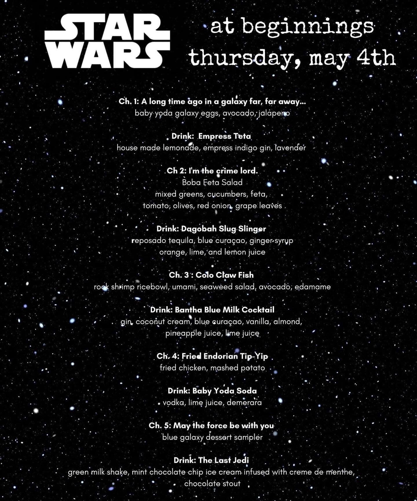 Join us on May 4th for five courses and cocktails based on #starwars. Bring the kids, we&rsquo;re also offering a $25, three course tasting for them! Reserve: 516-239-7483 #maythe4thbewithyou #babyyoda