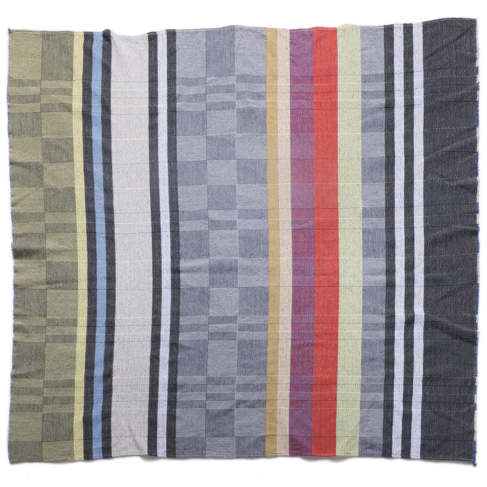 SW/TWM TROMP=AS-WRIT: Tromp-as-writ is a term used in weaving to describe a process in which some element of the warp layout is replicated in the weft layout. This blanket uses the stripe proportions of the warp to determine the color sequence shifts in the log-cabin weave structures of the blanket.