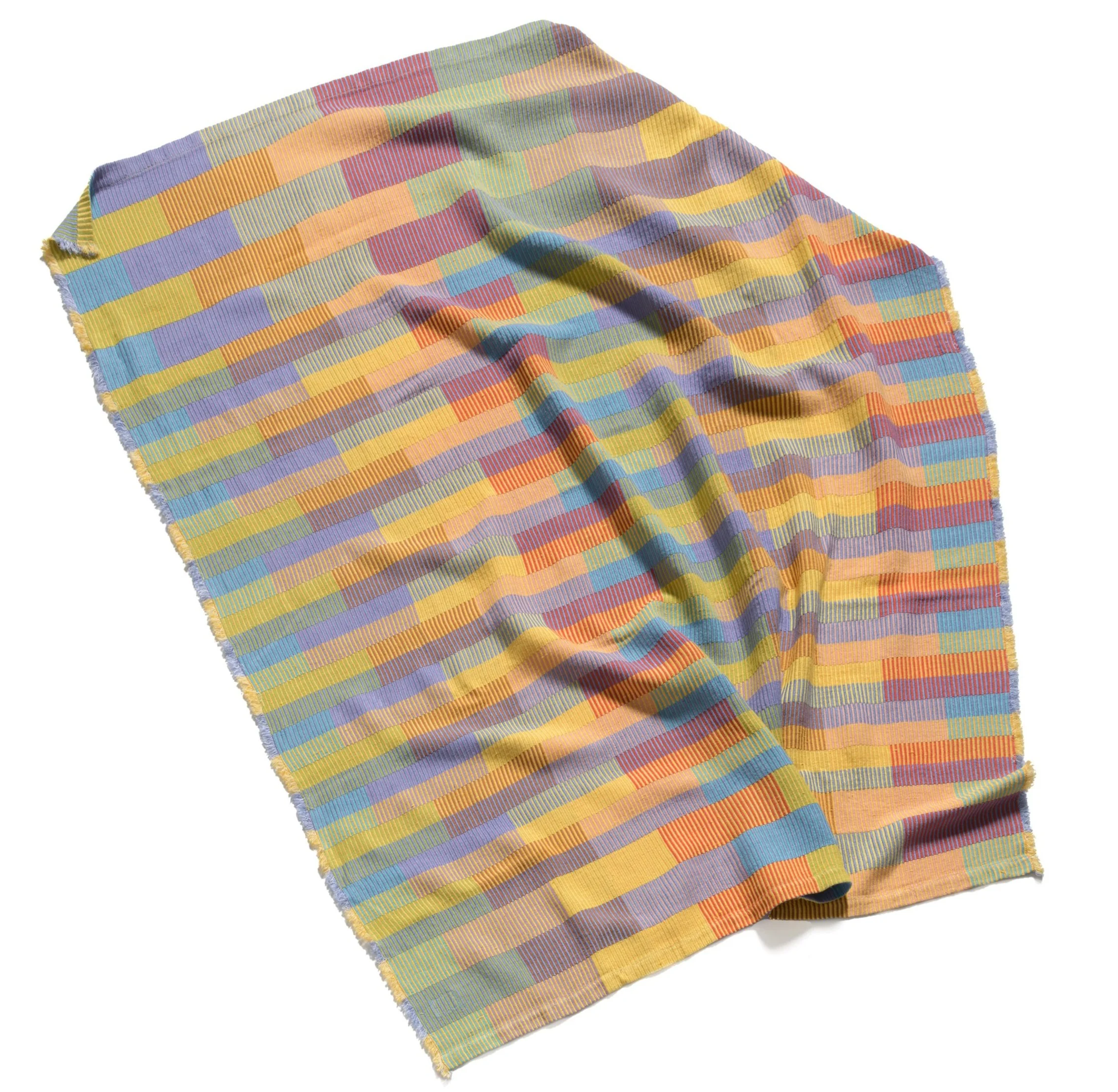 Multicolored blanket laying on a white background