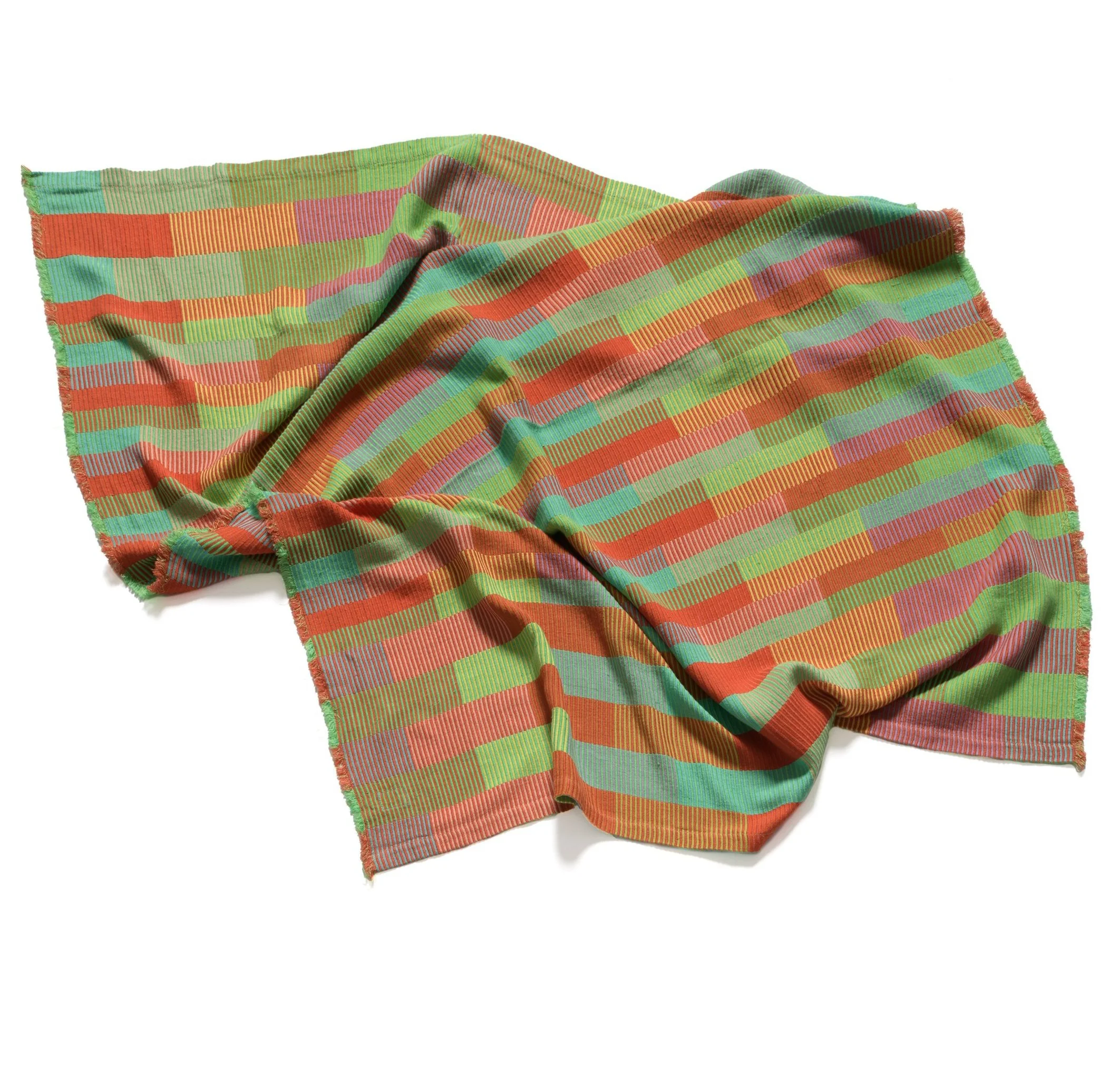 Multicolored blanket laying on a white background