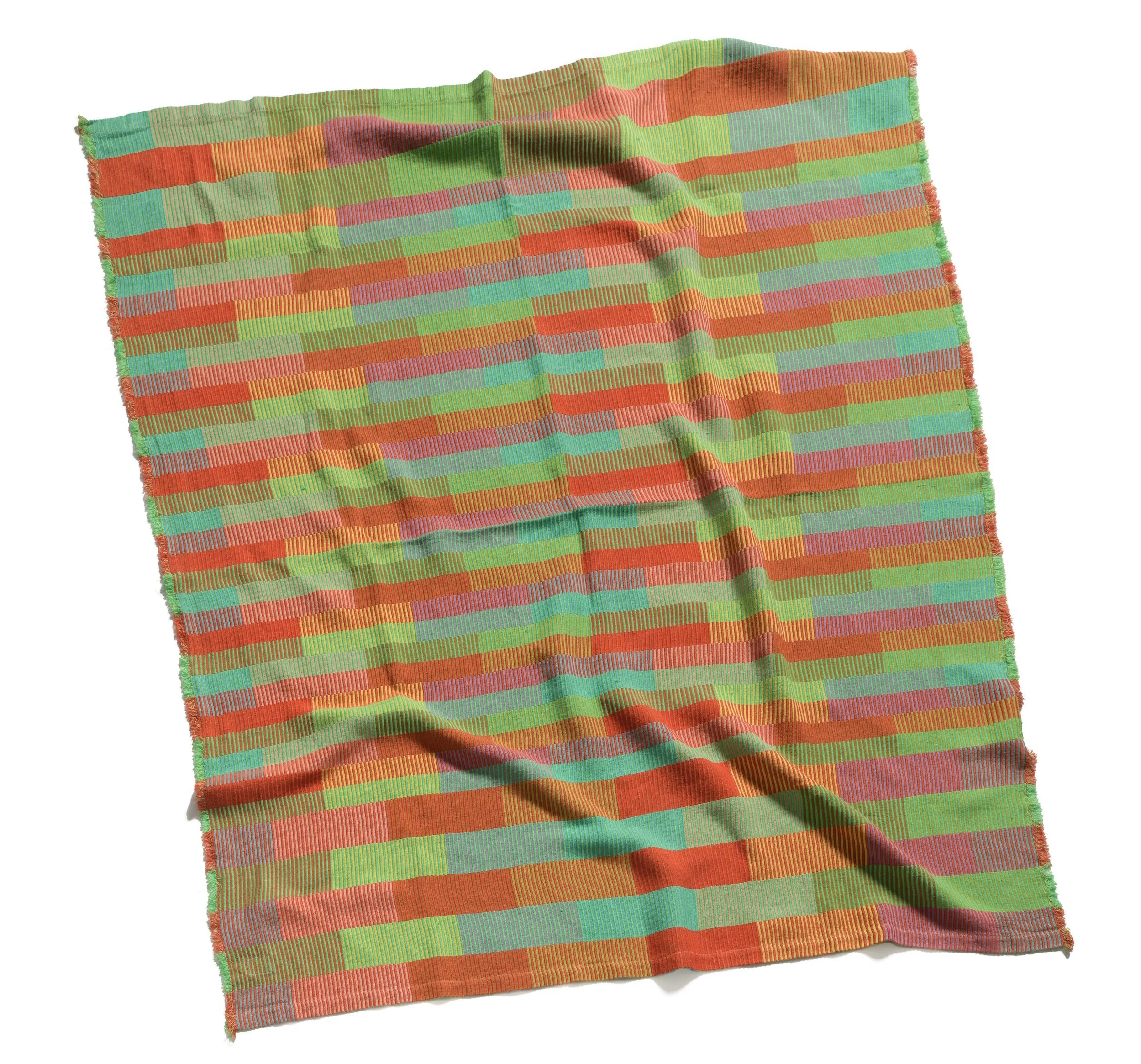 Multicolored blanket laying on a white background