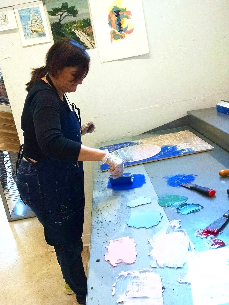 working in print studio, the Art Center, Highland Park