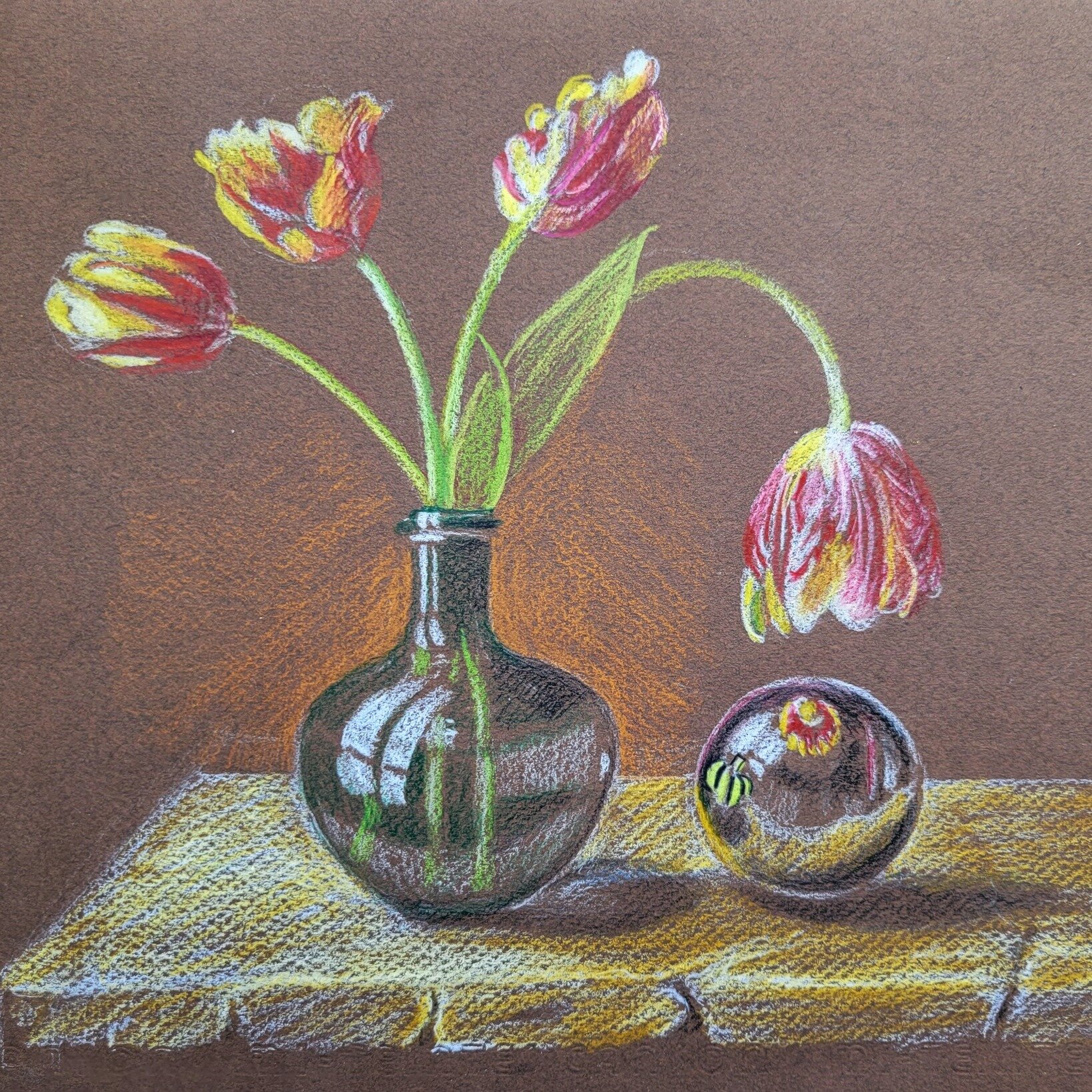 My still-life drawing for my colored pencil drawing class. All my students aced it! They are a talented group. #coredpencildrawing #stilllifedrawing #tulips #drawingreflections #coloredpencilinstruction #drawinginstruction #chicagobotanicgarden #zoom