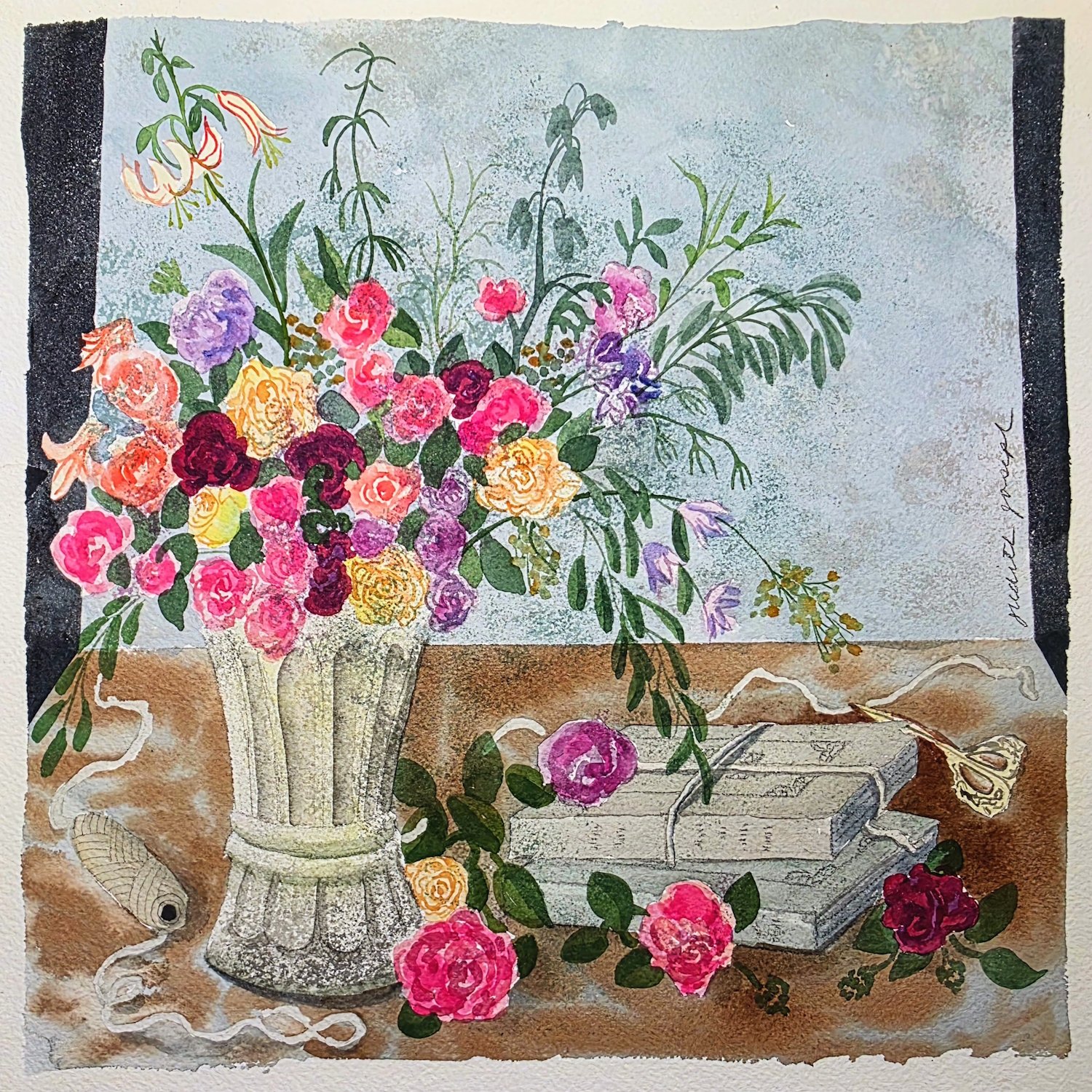 Still life of flowers and books