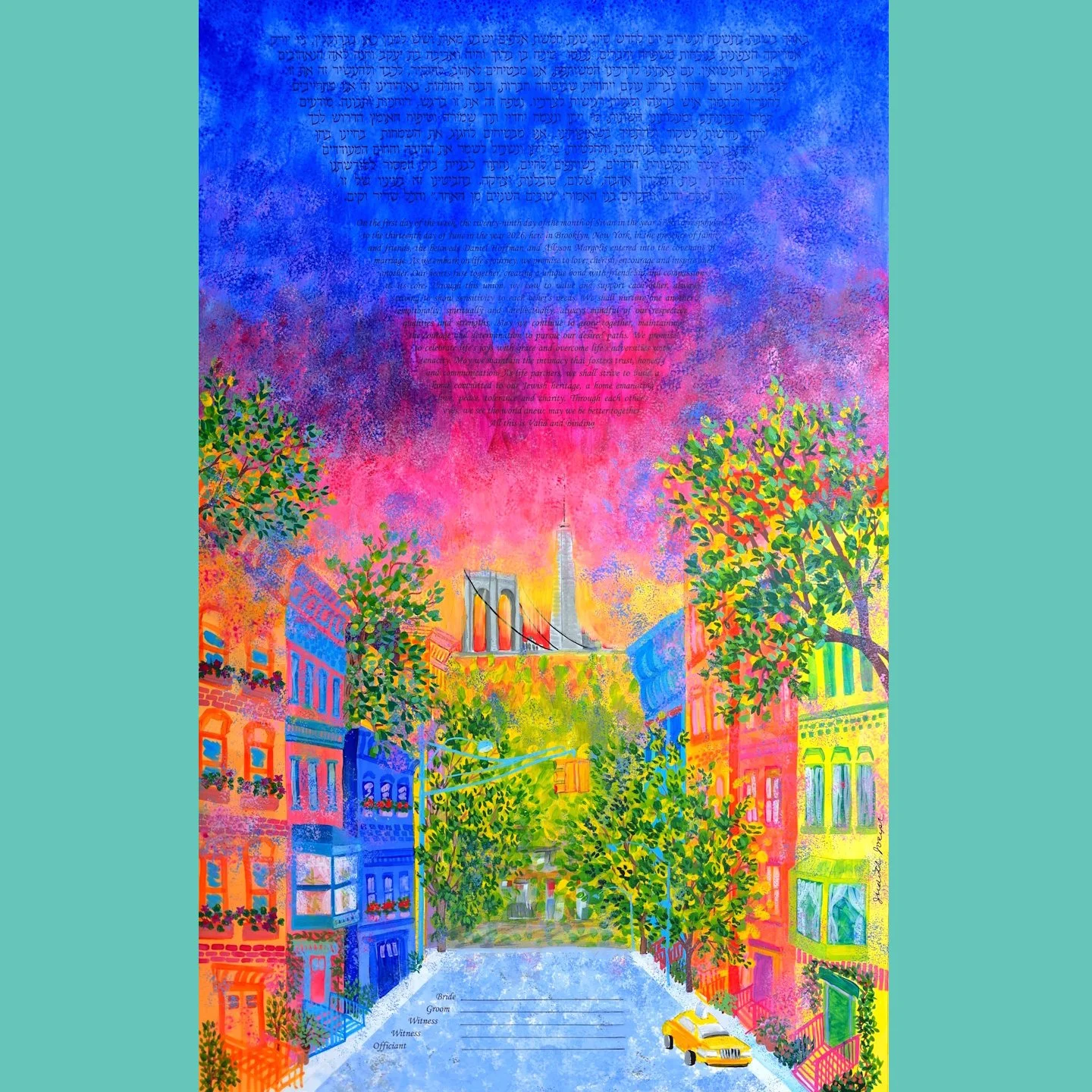 Congratulations to Ally and Danny who are getting married tomorrow evening in Brooklyn! They love joyful colors and their Brooklyn neighborhood, so that's what they chose for their custom ketubah. #ketubah #customketubah #brooklynketubah #jewishweddi