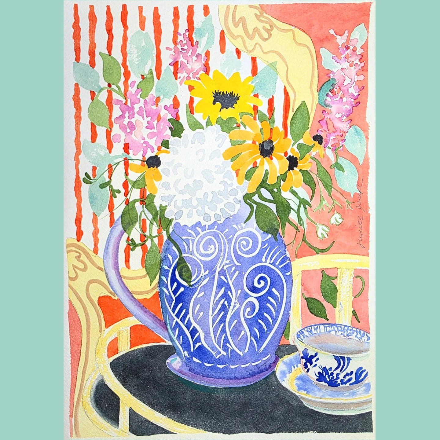 Fun day in Painting the Natural World, one of the watercolor classes I teach for the #chicagobotanicgarden. We painted a still life. I'm still feeling so inspired after seeing the recent Matisse exhibition at the #artinstituteofchicago , and I tried 
