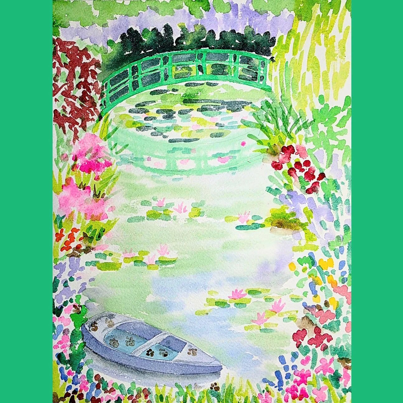 Sketch for Giverny (Monet's garden) inspired ketubah. It was fun to study Monet's paintings and photos of his garden, to create a ketubah. There was discussion about how to incorporate their dogs: dogs in the boat? A big paw-print? As a dog person, I