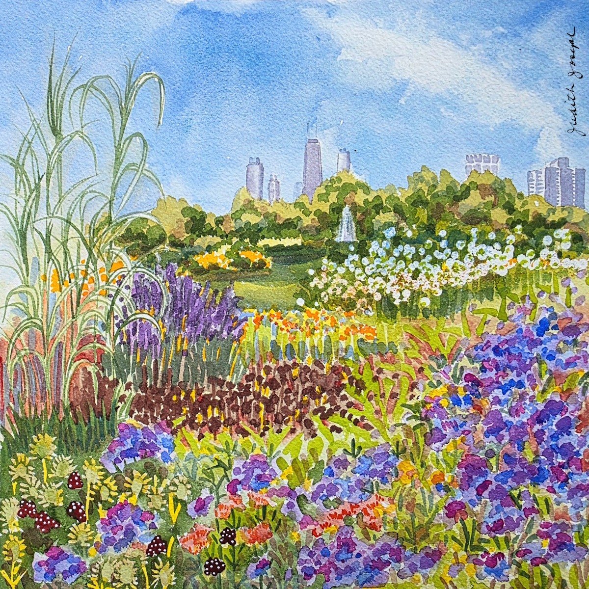 My rendition of today's subject for my #watercolorclass, Painting the Natural World, at the Chicago Botanic Garden. This was modeled on a photo by Mary Schmich. We think it was shot from Lincoln Park (near the Conservatory) looking south. #chicagobot