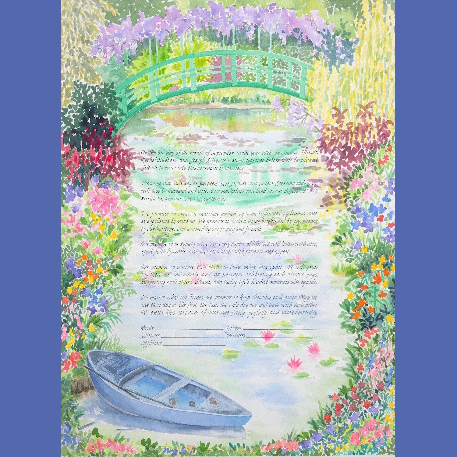 How delightful to create a ketubah inspired by Monet's garden at Giverny! This couple wanted to commemorate their visit to Monet's paradise in their ketubah. #ketubah #giverny #monetinspiredart #jewishwedding #ketubahart #impressionistketubah