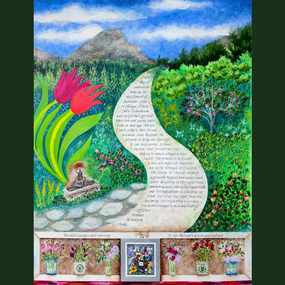 It's never too late to find love! I made this ketubah for a senior couple. They live together in a beautiful home in California, surrounded by a spectacular garden, with a view of the Santa Monica mountains. The bride arranges fresh flowers daily. Th
