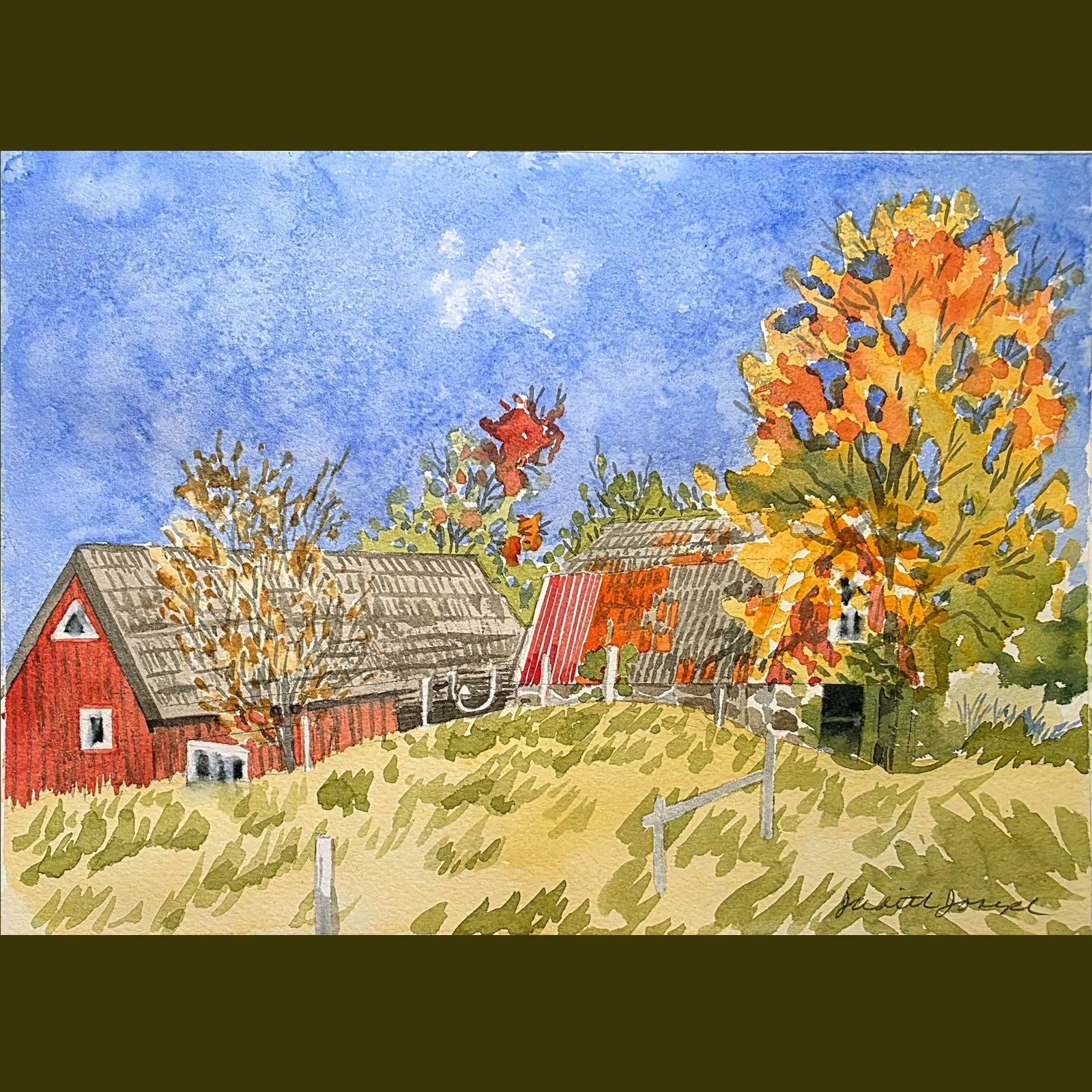 Happy to be back teaching watercolor and colored pencil drawing on zoom for the #chicagobotanicgarden after a one-month hiatus. Here is a barn in Sweden, but I swear, it looks just like southern Wisconsin (my homeland!) #watercolor #watercolorclasses