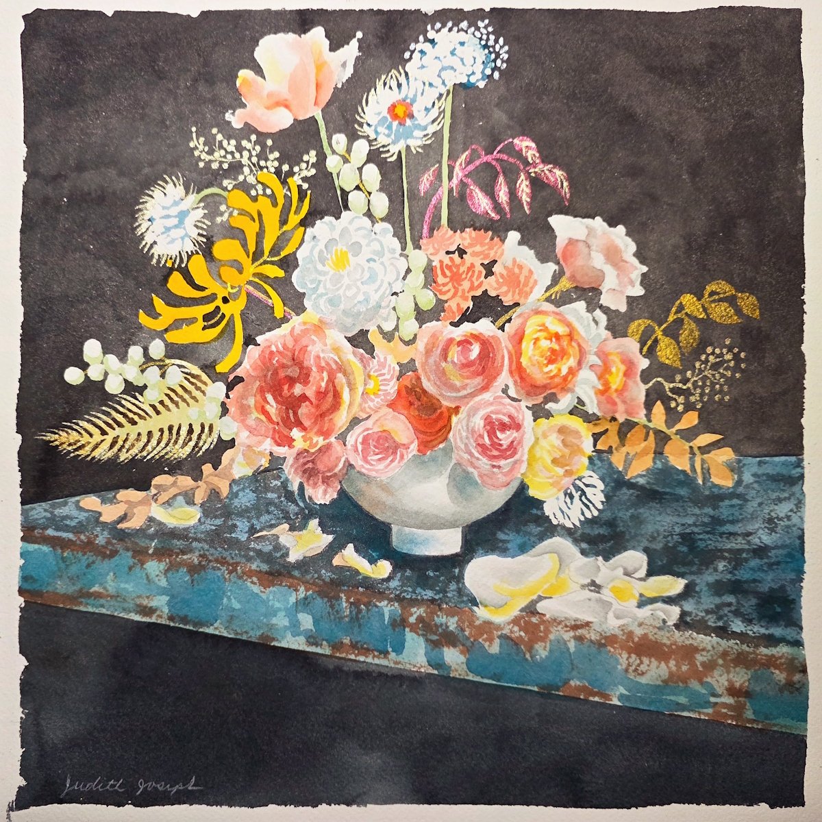 I had fun painting this watercolor as a demo for my Painting the Natural World #zoomwatercolorclass  for the #chicagobotanicgarden.  After painting the ranunculus, chrysanthemums, etc. in the arrangement, I broke out my Finetec metallic watercolor pa