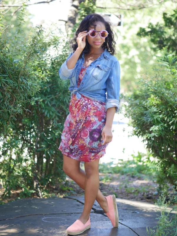 Nicole Miller Embellished Dress ( similar styles here ); Asos Chambray Shirt ( similar styles here )