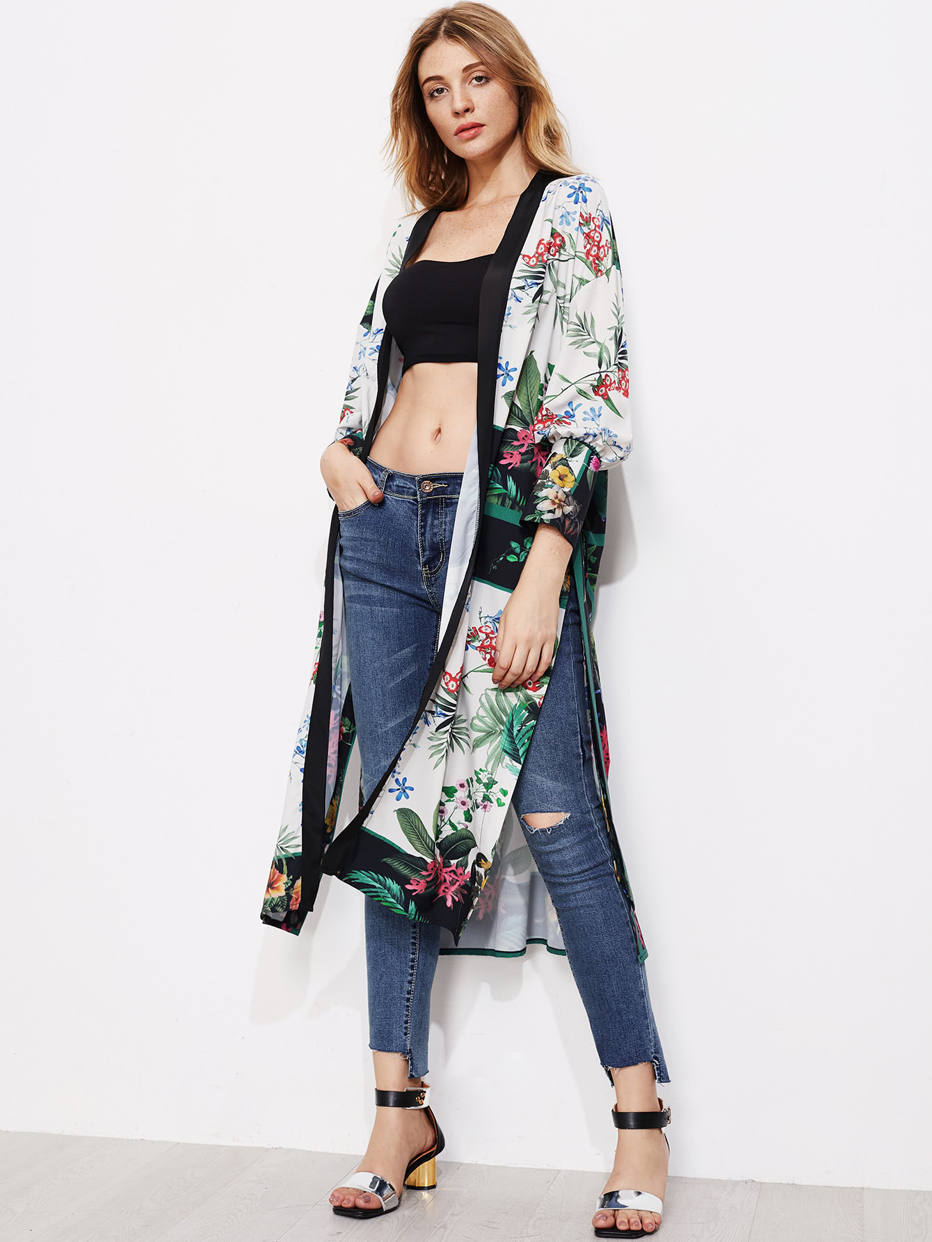 High Split Side Longline Kimono With Self Tie