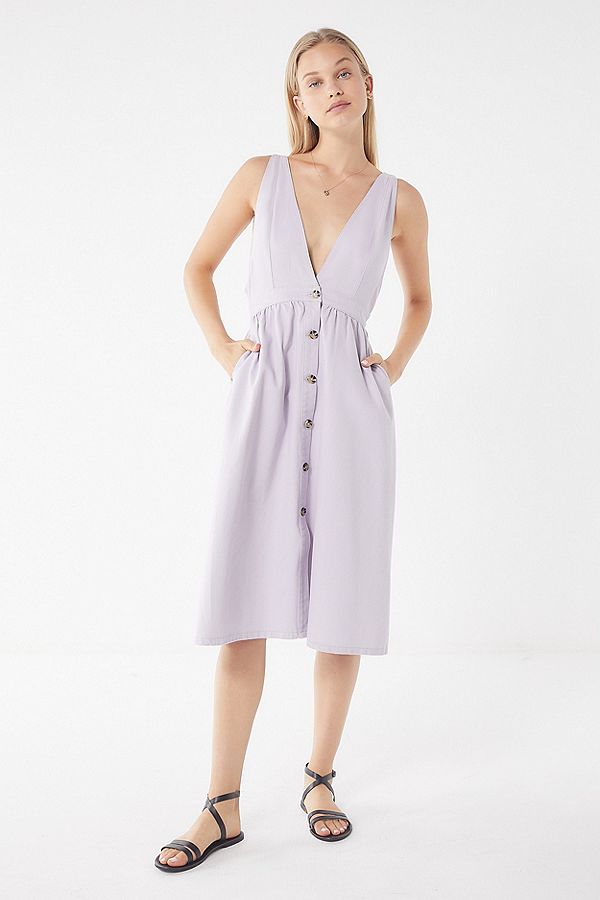 Linen Purple Plunging Neckline Denim Midi Dress.jpg