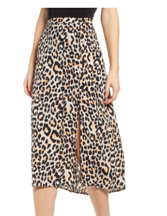 LEOPARD PRINT BUTTON FRONT MIDI COTTON BLEND SKIRT