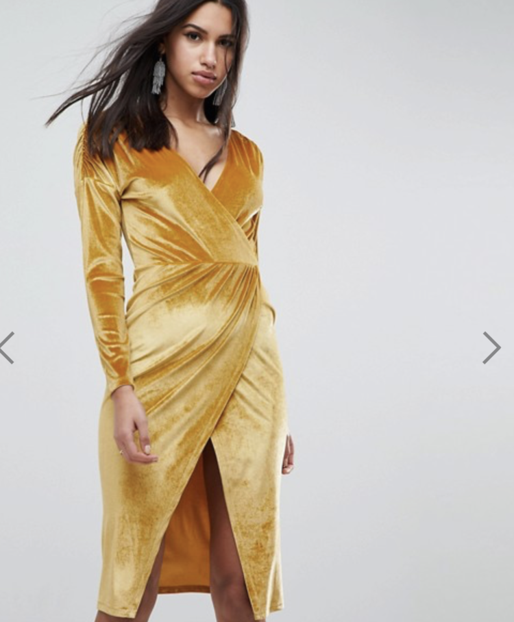 ASOS GOLD VELVET WRAP MIDI DRESS