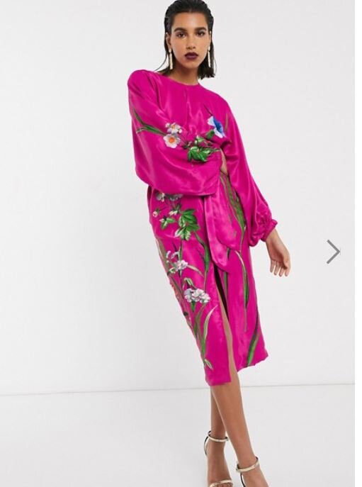 ASOS EDITION floral embroidered belted midi dress in satin