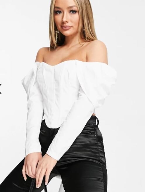 off shoulder corset top with volume sleeve detail in white.JPG